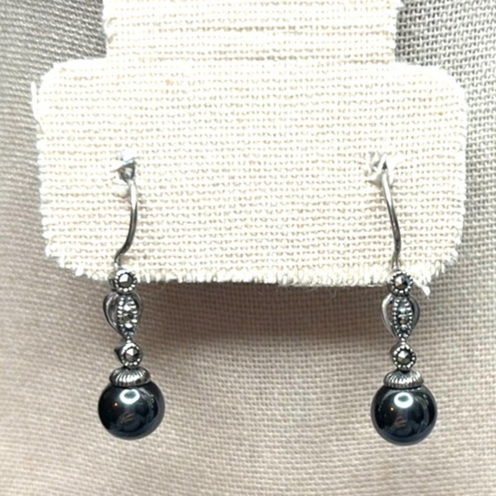 Hematite Marcasite Drop Earrings Silver Tone Dangle Earrings